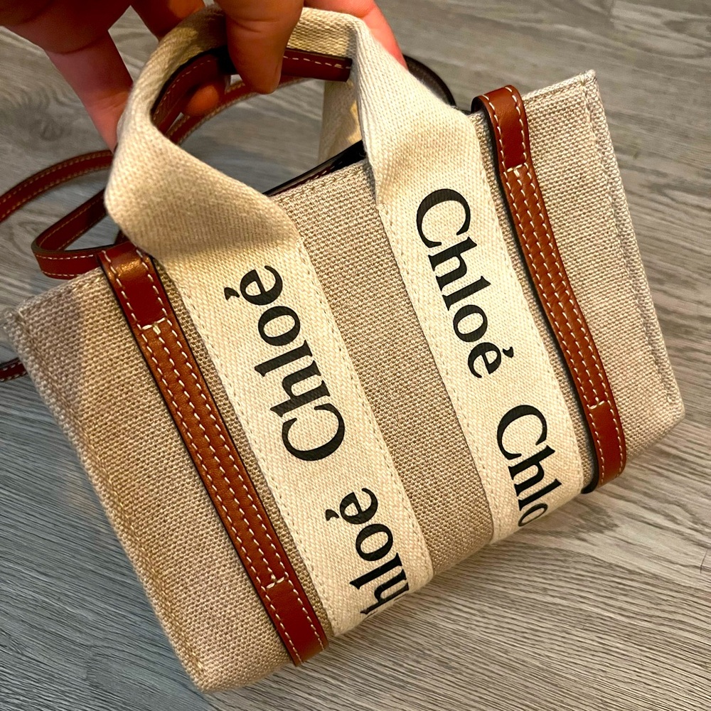 NANO WOODY TOTE BAG IN LINEN (pre-loved) - with dust bag